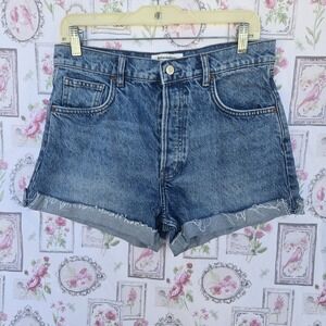 Reformation Charlie High Rise Blue Denim Jean Shorts Cuffed Raw Hem Size 29